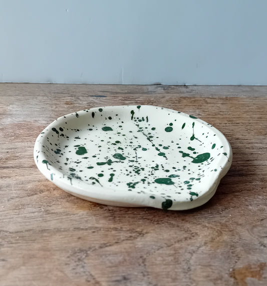 Ceramic spoon rest green splatterware