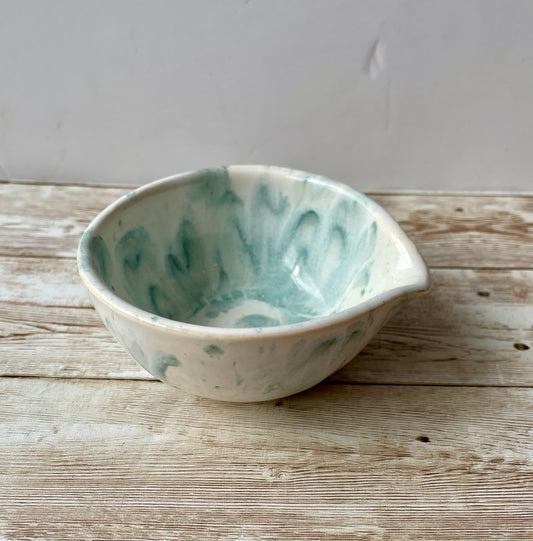 Bowl with spout green and white glaze